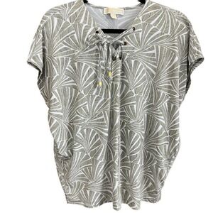 EUC LARGE MICHAEL KORS SAFARI GREEN Palm Print TOP Oversized BLOUSE Size Small